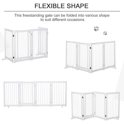 PawHut Freestanding Pet Gate 4 Panels Wooden Dog Safety Fence Foldable with Support Feet for Doorway Stairs 91cm Tall White 