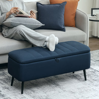 HOMCOM 92 x 31cm Linen-Look Storage Ottoman - Dark Blue 