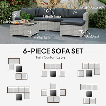 Outsunny 6 Pieces Rattan Corner Sofa Set - Mixed Grey 