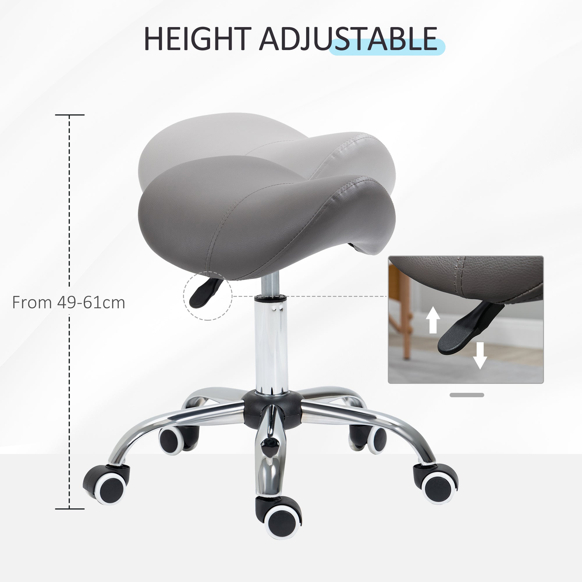 HOMCOM Cosmetic Stool 360\'c2\'b0 Rotate Height Adjustable Salon Massage Spa Chair Hydraulic Rolling Faux Leather Saddle Stool, Grey