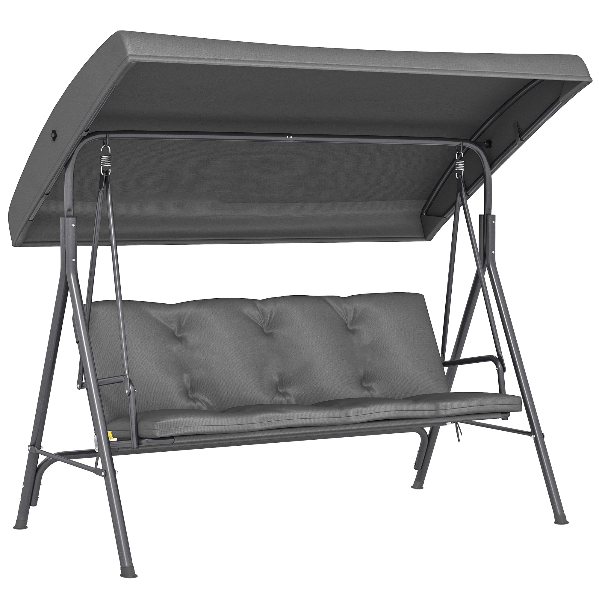 Outsunny 3 Seater Garden Swing Chair, Patio Rocking Bench with Tilting Canopy, Removable Cushion and Steel Frame, Dark Grey 