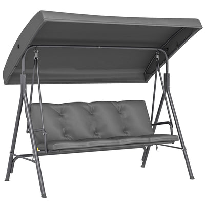 Outsunny 3 Seater Garden Swing Chair, Patio Rocking Bench with Tilting Canopy, Removable Cushion and Steel Frame, Dark Grey 