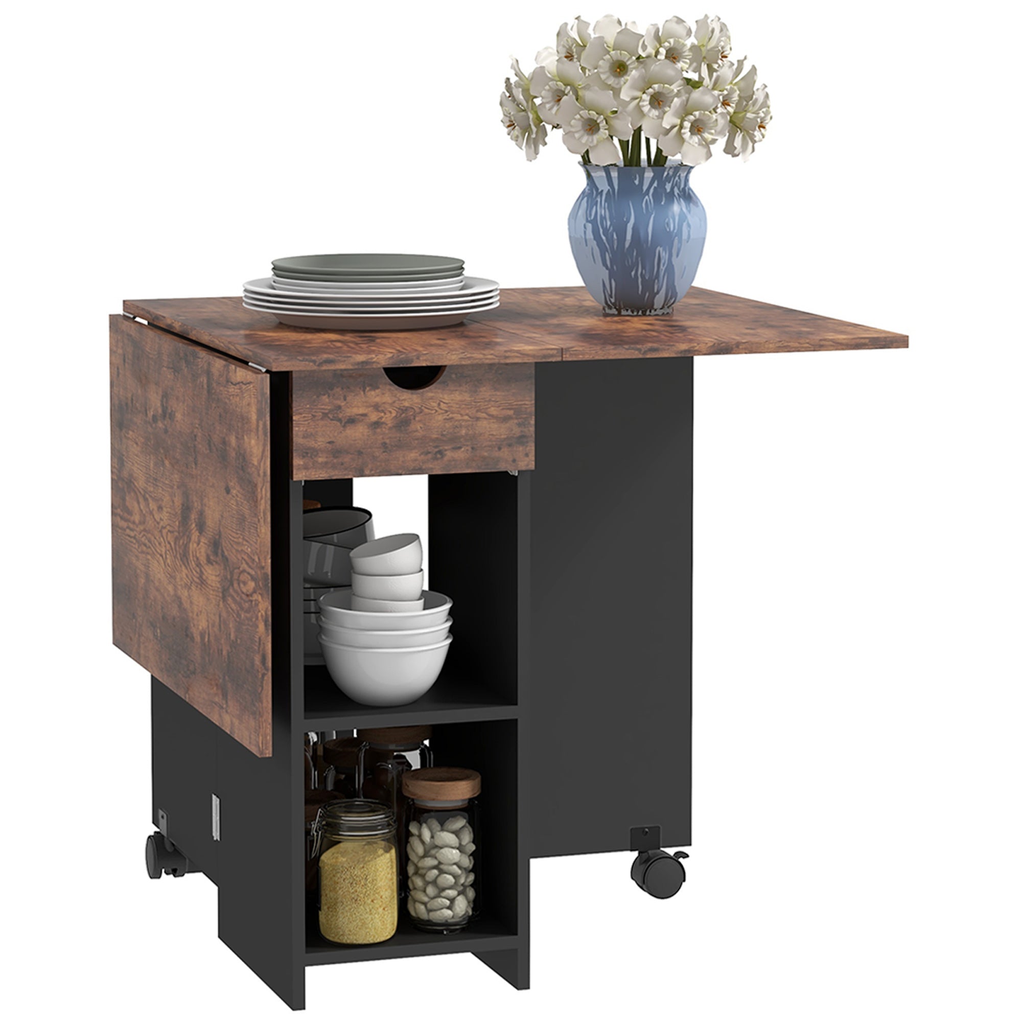 HOMCOM Folding Dining Table, Drop Leaf Table for Small Spaces, Foldable Table with Drawer and Storage Shelves for Kitchen, Dining Room, Rustic Brown 