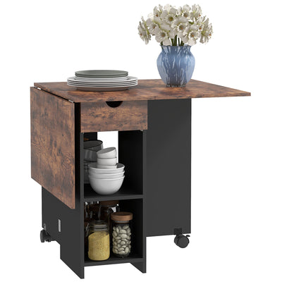 HOMCOM Folding Dining Table, Drop Leaf Table for Small Spaces, Foldable Table with Drawer and Storage Shelves for Kitchen, Dining Room, Rustic Brown 