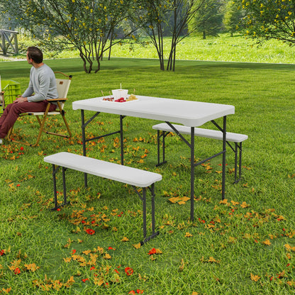 Outsunny 3 Piece 4ft Folding Picnic Table and Bench Set, Portable HDPE Camping Table and Chairs with Carrying Handle for Indoor Outdoor, Dining, Camping, Picnic, BBQ, Party, Light Grey 