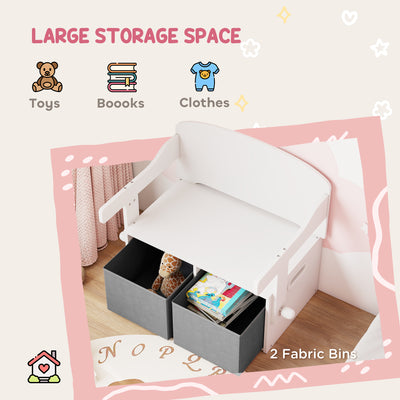 AIYAPLAY 3 in 1 Kids Storage Bench, Convertible Children Table and Chair Set with 2 Fabric Bins, Toy Storage Box, White 