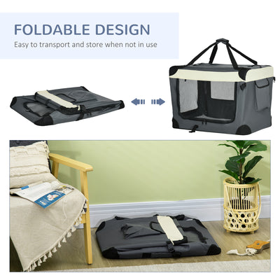 PawHut 70cm Foldable Pet Carrier, with Cushion, for Small Dogs and Cats - Grey 