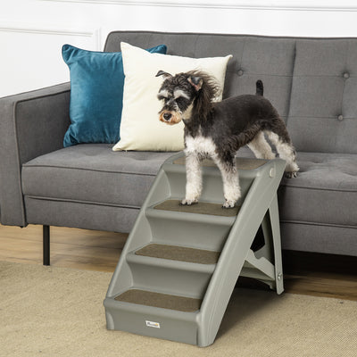 PawHut Foldable Four-Step Pet Stairs, for Cats, Small Miniature Dogs, with Non-Slip Mats 62 x 38 x 49.5cm - Grey 