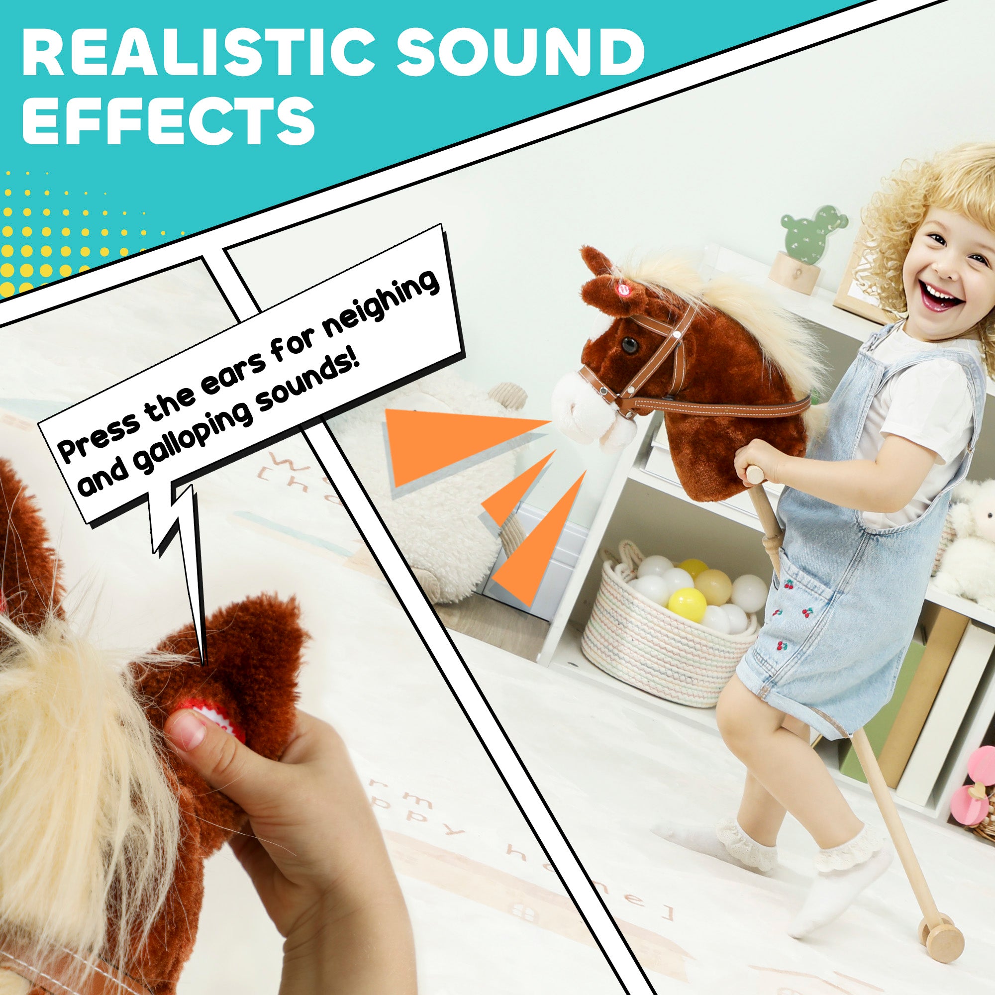 AIYAPLAY Stick Horse with Wood Wheels, Real Pony Neighing and Galloping Sounds, Grip Handle, 95 cm, Brown 