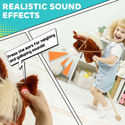 AIYAPLAY Stick Horse with Wood Wheels, Real Pony Neighing and Galloping Sounds, Grip Handle, 95 cm, Brown 