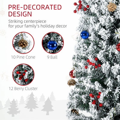 HOMCOM 7ft Snowy Artificial Christmas Tree, with Lights, Decorations and Pine Cones 