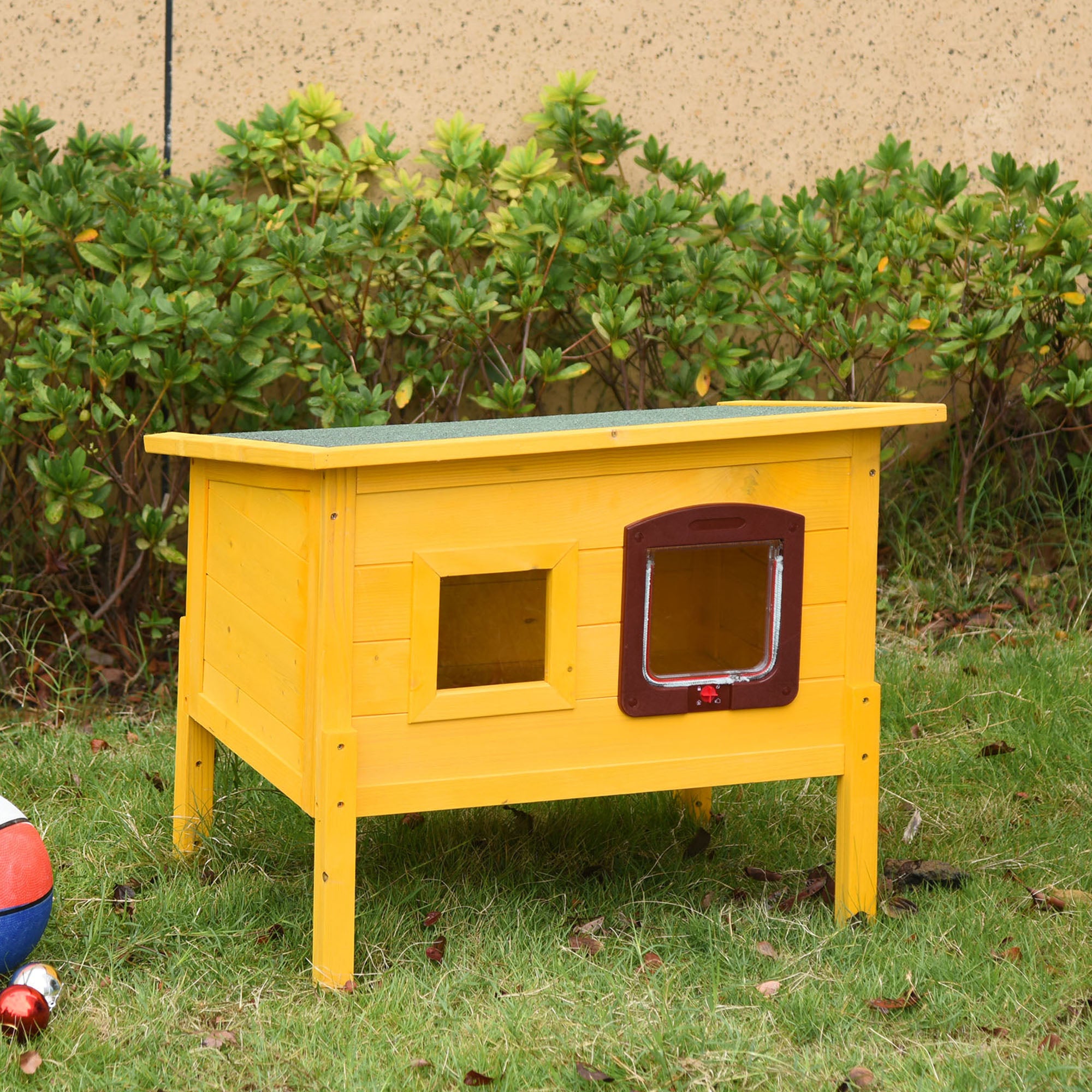 Pawhut Garden Wooden Cat House Hide Cage Outdoor Pet Play Home Water-resistant Roof Kitty Shelter Kennel w/ith Door & Window 
