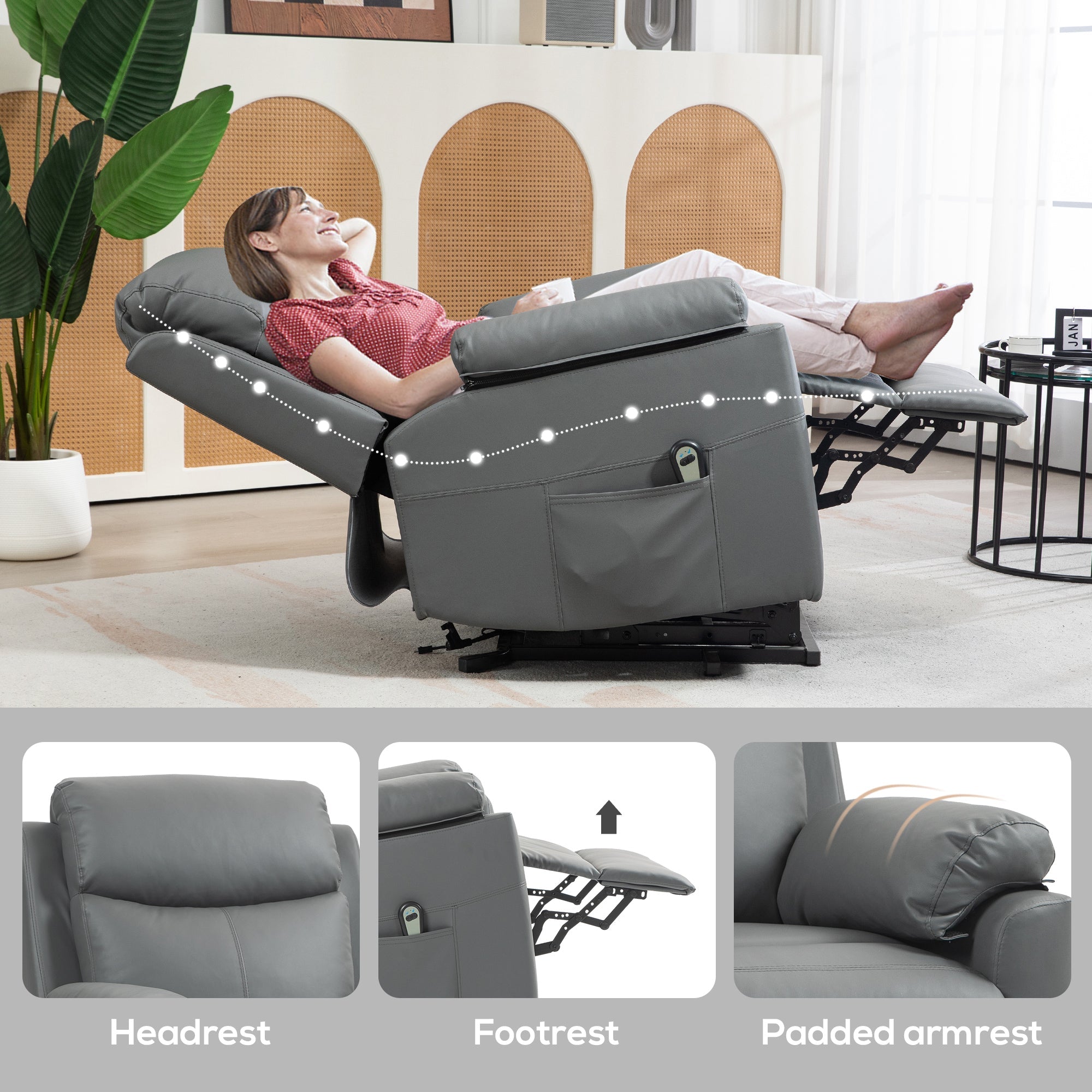 HOMCOM Faux Leather 70\'c2\'b0 Electric Riser Recliner Chair, Charcoal Grey 