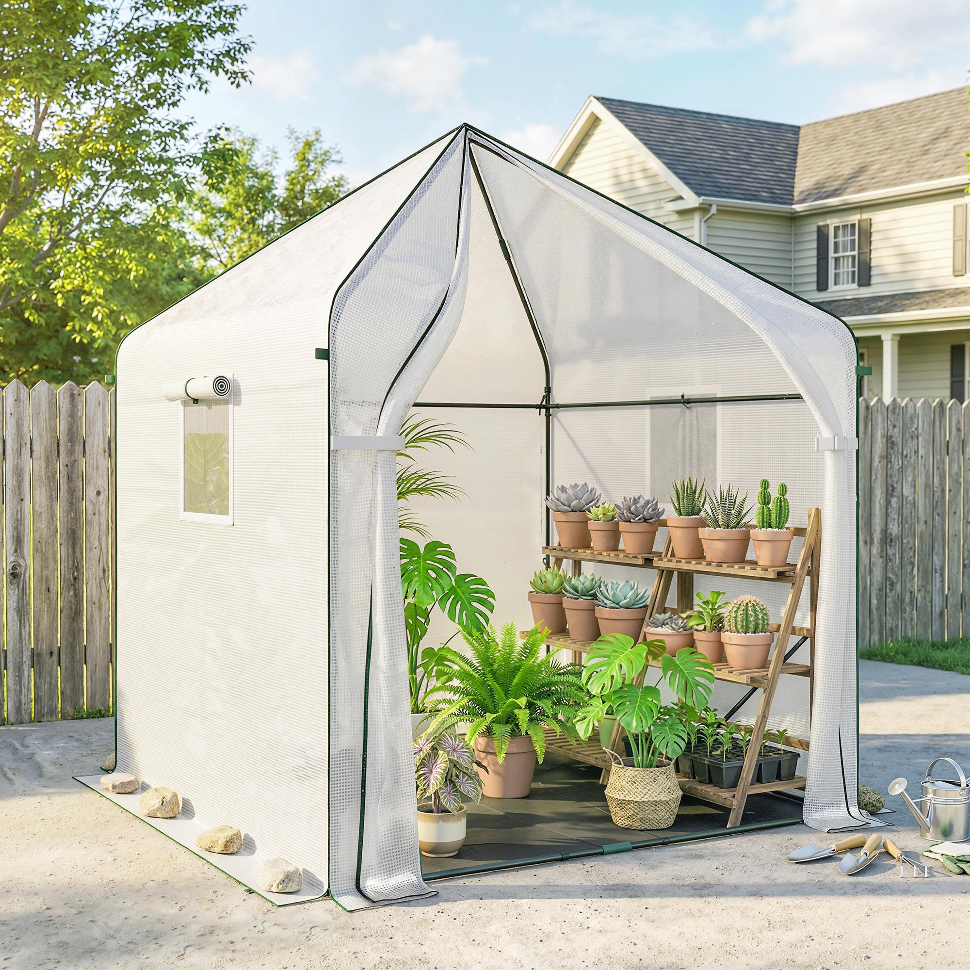 Outsunny Walk-in Greenhouse for Outdoors with Steel Frame, Large Plant House with Roll-up Door and PE Ground Cover, White 
