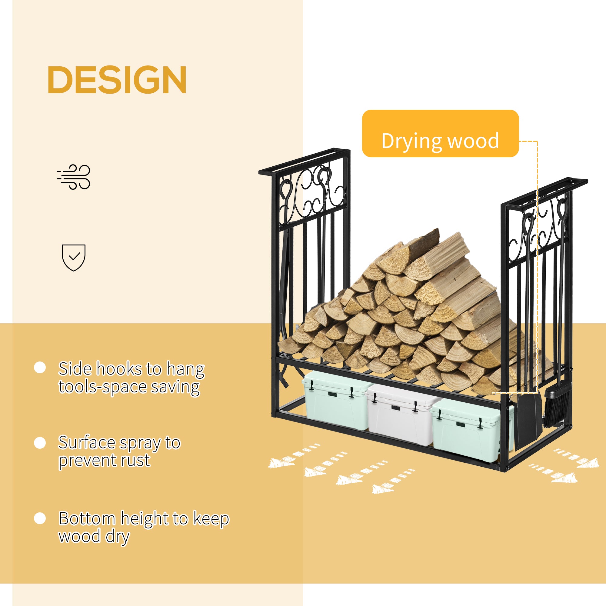 HOMCOM Steel Firewood Log Holder Indoor Outdoor Firewood Rack Fireplace Wood Storage Shelf with 4 Tools, Hooks, Scrolls, Rust-Resistant, Black, 75L x 30W x 60H cm 
