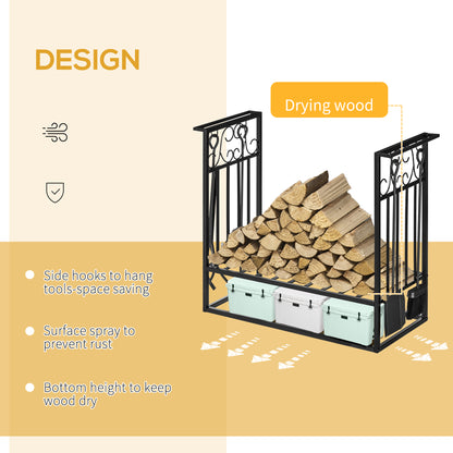 HOMCOM Steel Firewood Log Holder Indoor Outdoor Firewood Rack Fireplace Wood Storage Shelf with 4 Tools, Hooks, Scrolls, Rust-Resistant, Black, 75L x 30W x 60H cm 