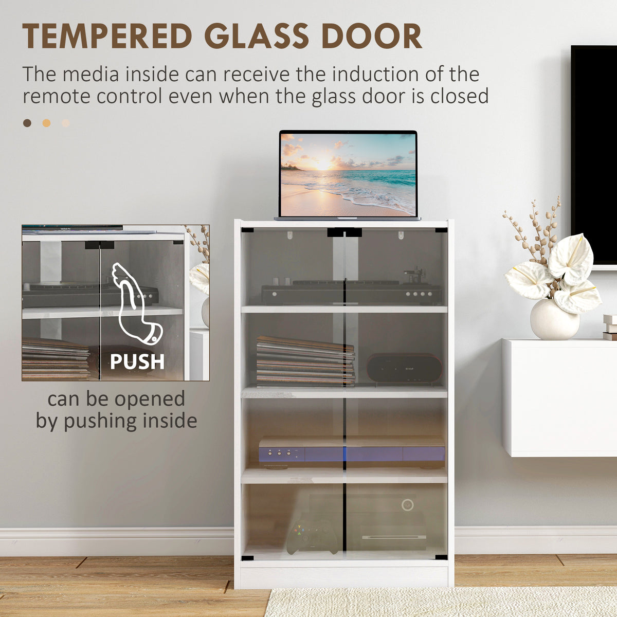 HOMCOM 4-Tier Hi-Fi Stand, Record Player Stand with Adjustable Shelves and Push-to-Open Glass Doors, White Wood-Effect