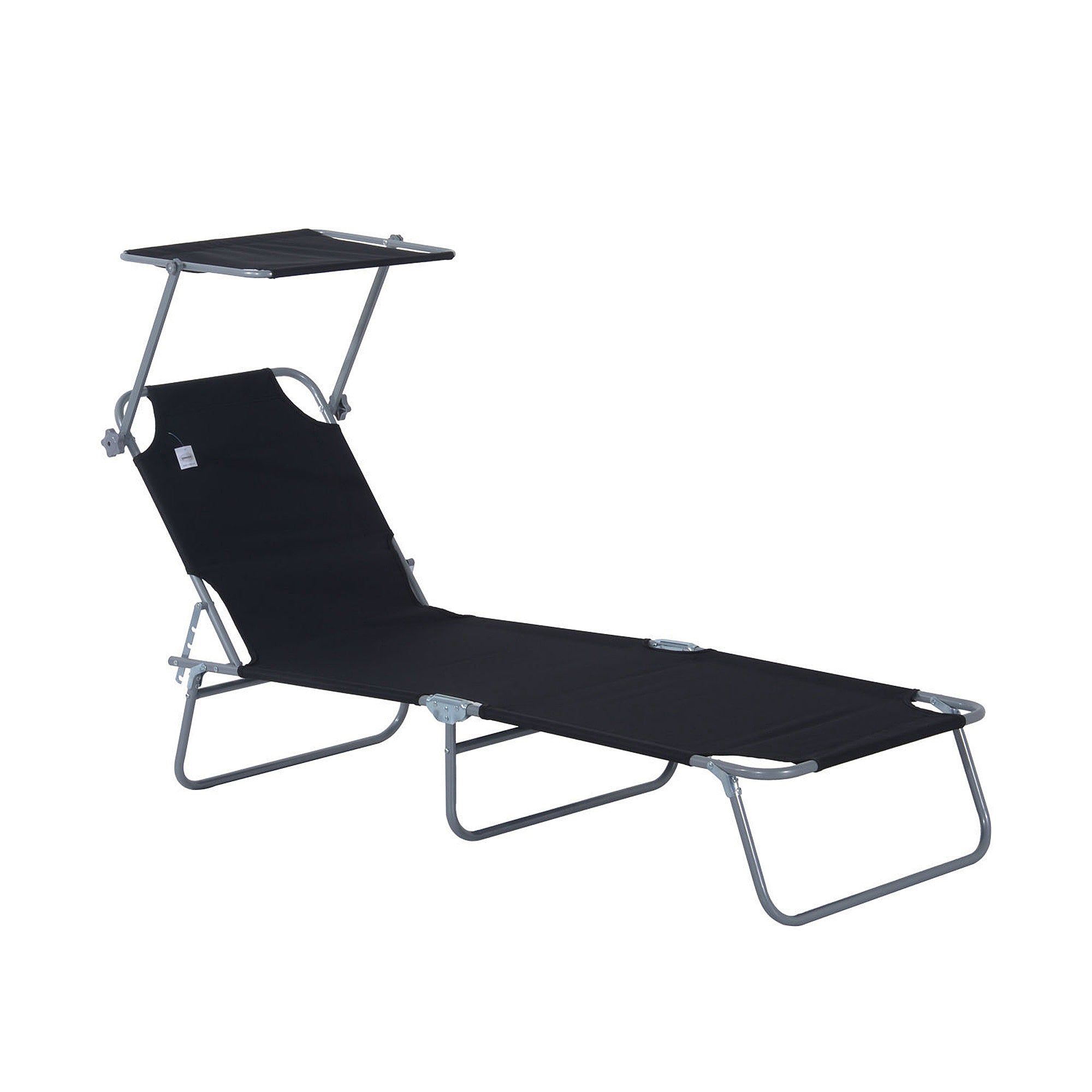 Outsunny Outdoor Foldable Sun Lounger, 4 Level Adjustable Backrest Reclining Sun Lounger Chair with Angle Adjust Sun Shade Awning for Beach, Garden, Patio, Black 