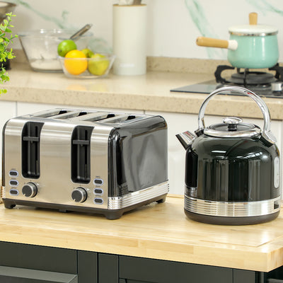 HOMCOM Polished Metal Kettle and Toaster Set - Black 