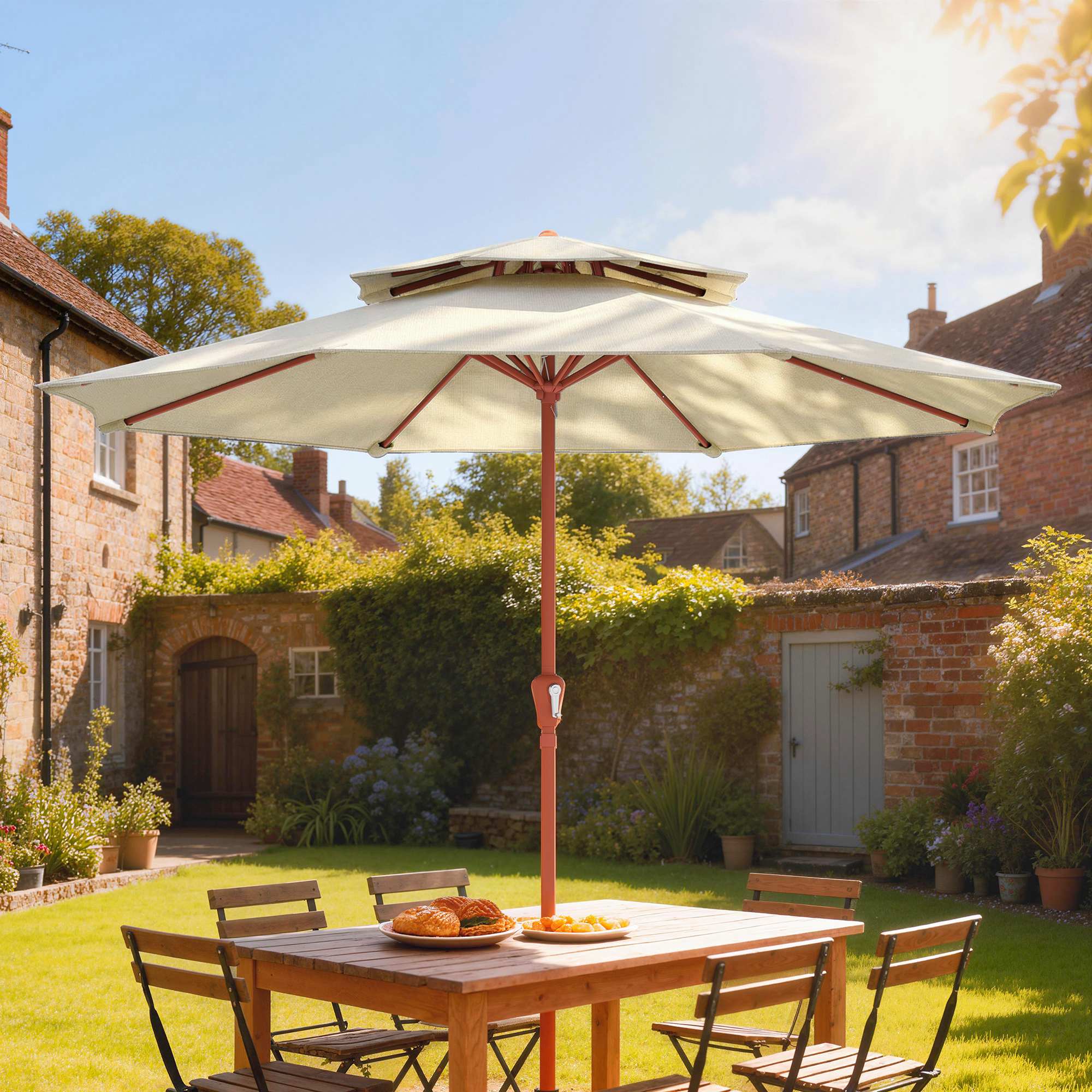 Outsunny 2.7 m Garden Parasol with Double Top Outdoor Market Table Umbrella with Crank System, Cream White 