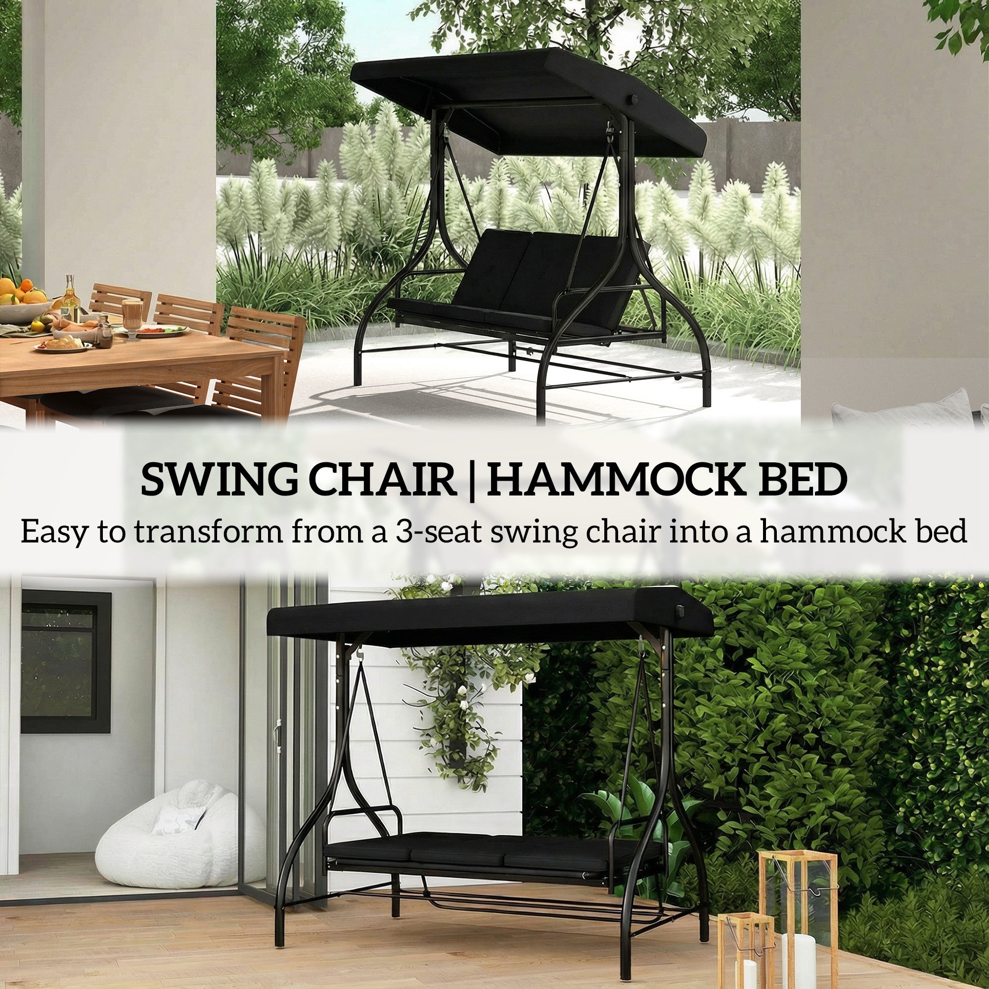 Outsunny 3 Seater Canopy Swing Chair, 2 in 1 Garden Swing Seat Bed, with Adjustable Canopy and Metal Frame, Black 