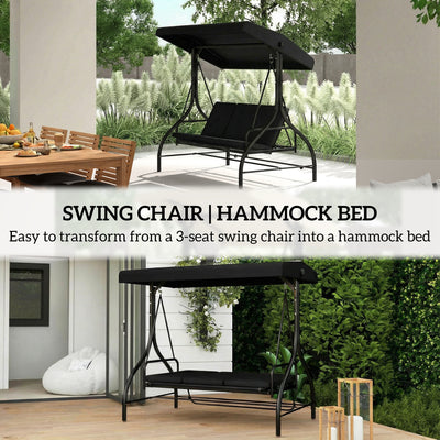 Outsunny 3 Seater Canopy Swing Chair, 2 in 1 Garden Swing Seat Bed, with Adjustable Canopy and Metal Frame, Black 