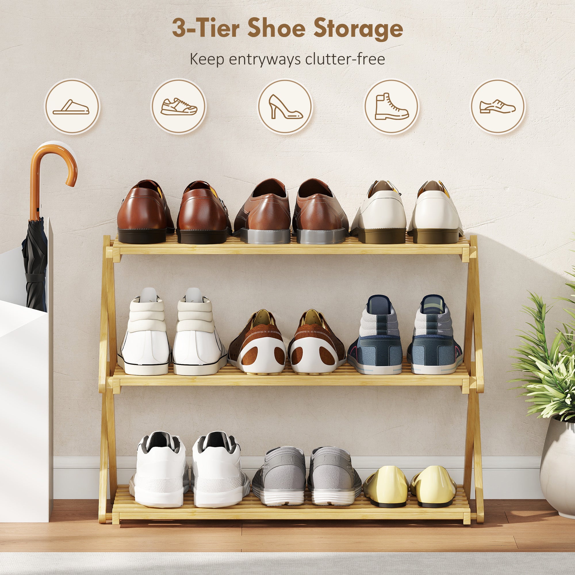 HOMCOM Three-Tier Folding Bamboo Shoe Rack - Natural Finish 