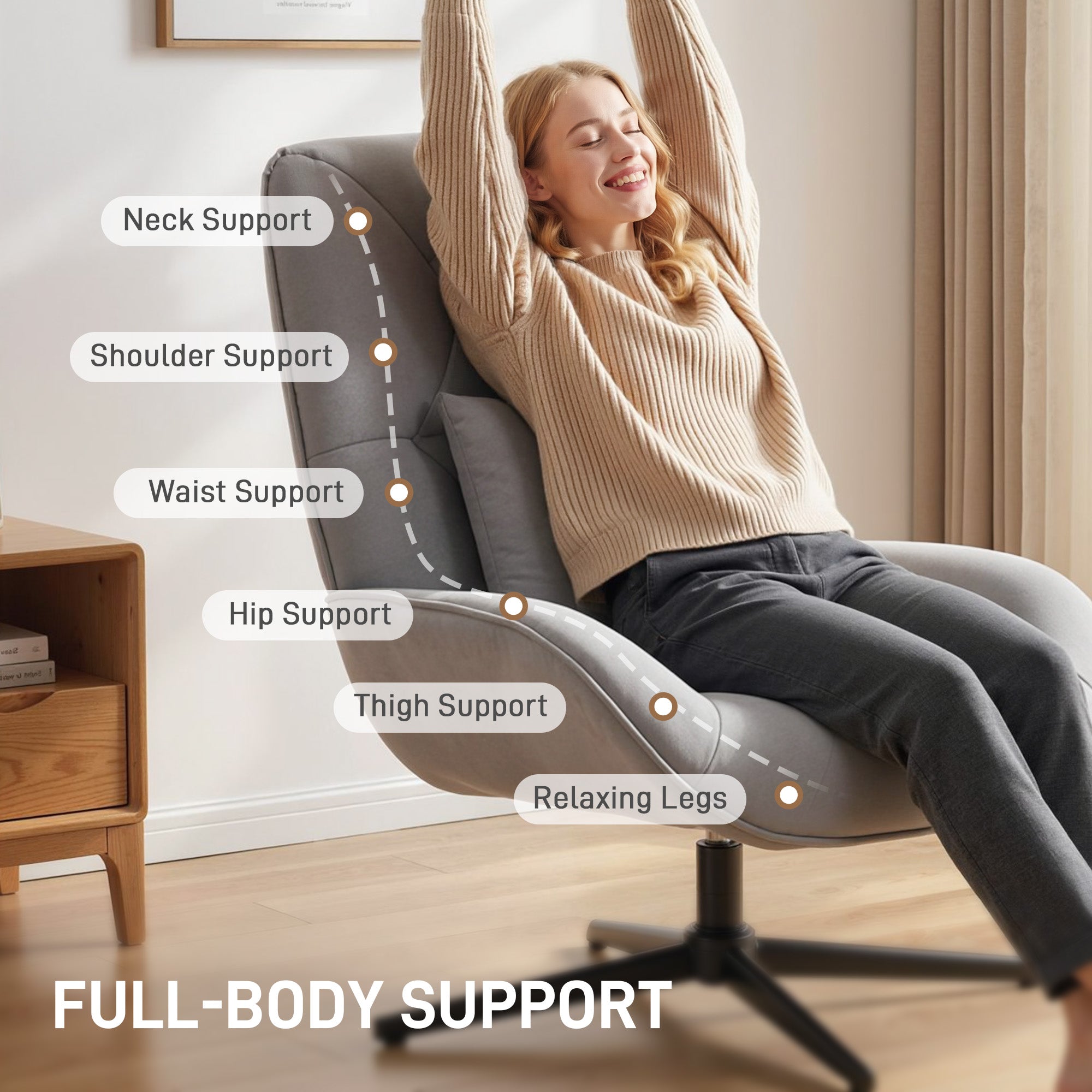 HOMCOM Accent Chair, Chenille Upholstered Swivel Armchair with Lumbar Pillow, High Back, Deep Seat and Metal Legs, Light Grey 