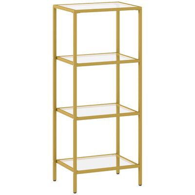 HOMCOM 4-Tier Shelving Unit, Glass Shelf, Vertical Storage Shelf for Living Room, Home Office, Bedroom, Bathroom, Gold Tone 
