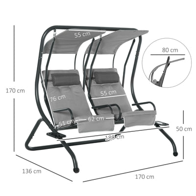 Outsunny Canopy Swing 2 Separate Relax Chairs w/ Handrails and Removable Canopy Grey 