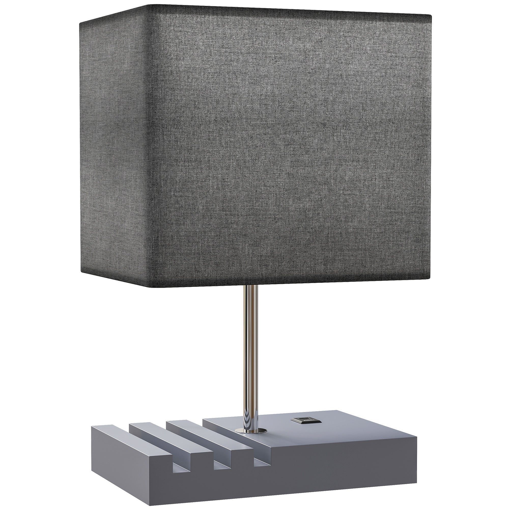 HOMCOM Bedside Lamp with USB A+C Charging Ports and 3 Phone Stands, Modern Table Lamp with Solid Wood Base and Fabric Shade for Bedroom Living Room Office, E27 Socket, Bulb Not Included, Grey 