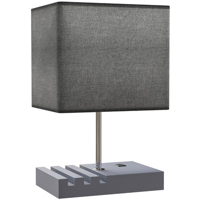 HOMCOM Bedside Lamp with USB A+C Charging Ports and 3 Phone Stands, Modern Table Lamp with Solid Wood Base and Fabric Shade for Bedroom Living Room Office, E27 Socket, Bulb Not Included, Grey 