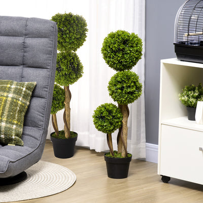 HOMCOM Set of 2 Decorative Artificial Plants, Boxwood Ball Topiary Trees in Pot Fake Plants for Home, Indoor&Outdoor Decor, 90 cm, Light Green 
