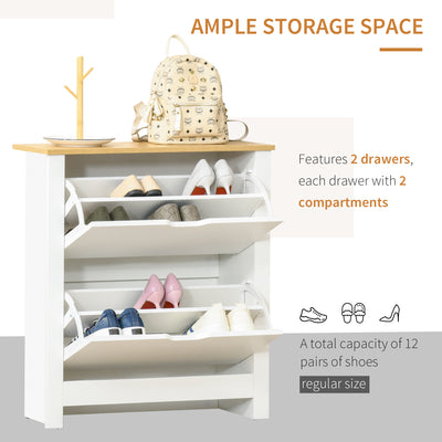 HOMCOM Narrow Shoe Cabinet, Space Saving Shoe Storage Cabinet with 2 Flip Drawers and Adjustable Shelves for 12 Pairs of Shoes for Hallways and Living Room, White 