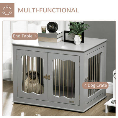 PawHut Dog Crate End Table Furniture Style Dog Cage w/ Three Doors, Locks and Latches - Grey 