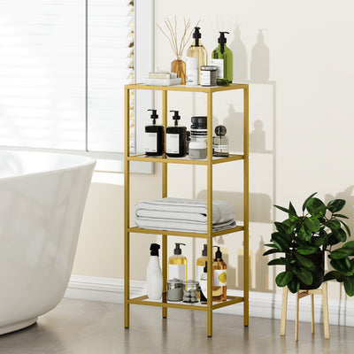 HOMCOM 4-Tier Shelving Unit, Glass Shelf, Vertical Storage Shelf for Living Room, Home Office, Bedroom, Bathroom, Gold Tone 