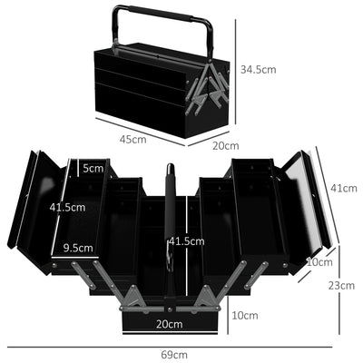 DURHAND 3 Tier Metal Toolbox, 5 Tray Professional Portable Tool Box with Carry Handle for Workshop, 45cmx20cmx34.5cm, Black 