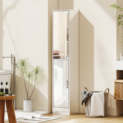 kleankin Tall Bathroom Cabinet with Mirror and Adjustable Shelf - High Gloss White 