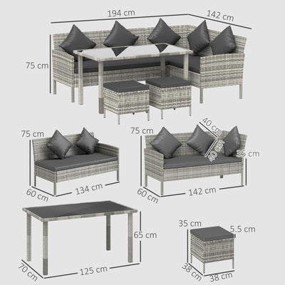 Outsunny tsunny 6-Seater Rattan Dining Set Sofa Table Footstool Outdoor w/ Cushion Garden Furniture, Dark Grey 