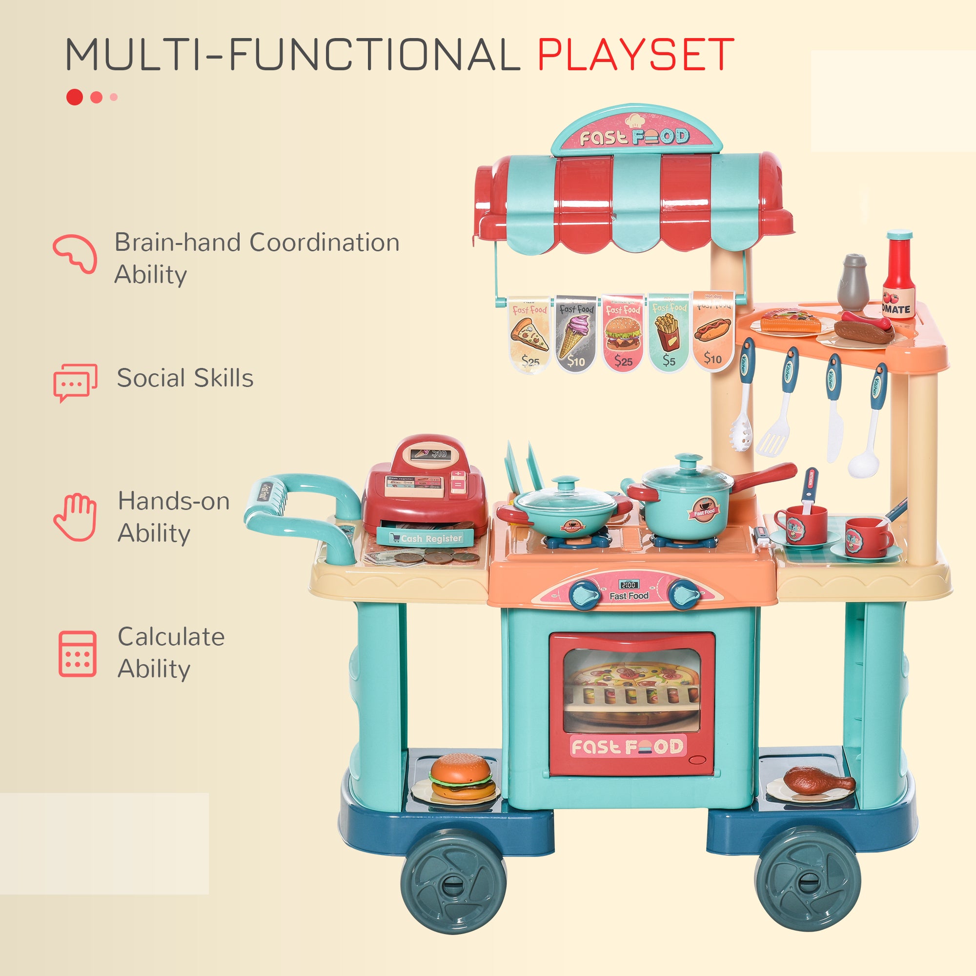 HOMCOM 50 Pcs Kids Kitchen Play set Fast Food Trolley Cart Pretend Playset Toys with Play Food Cashier Register Accessories Gift for Boys Girls Age 3-6 