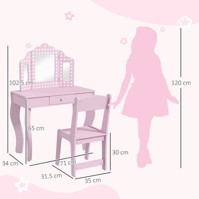 AIYAPLAY Kids Dressing Table Sets with Stool and Tri-Fold Mirror, Drawer for Playroom, Bedroom - Pink 