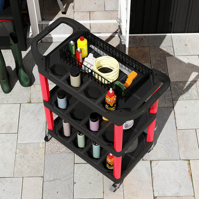 HOMCOM 3-Tier Rolling Tool Cart, Tool Trolley on Wheels, Plastic Mobile Service Utility Cart with Handles for Garage, Mechanics and Warehouse, 91kg Capacity, Black and Red 
