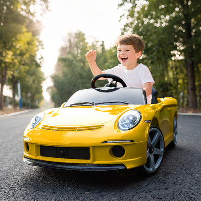 AIYAPLAY Kids Electric Car, 12V Licensed RUF GT Ride on Car with Suspension, Remote Control, Music for 3-5 Years Yellow 