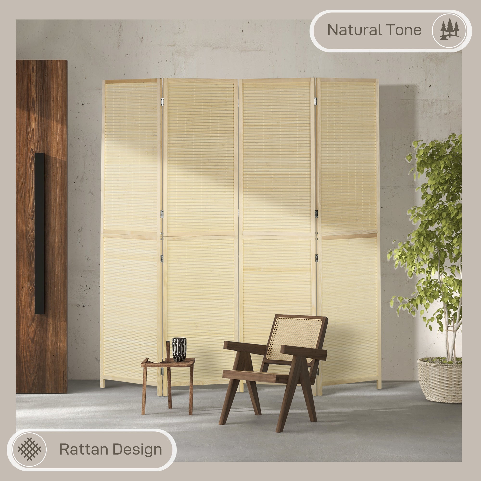 HOMCOM Room Divider, Freestanding Privacy Screen, 4 Panel Folding, 180 x 180cm, Natural 