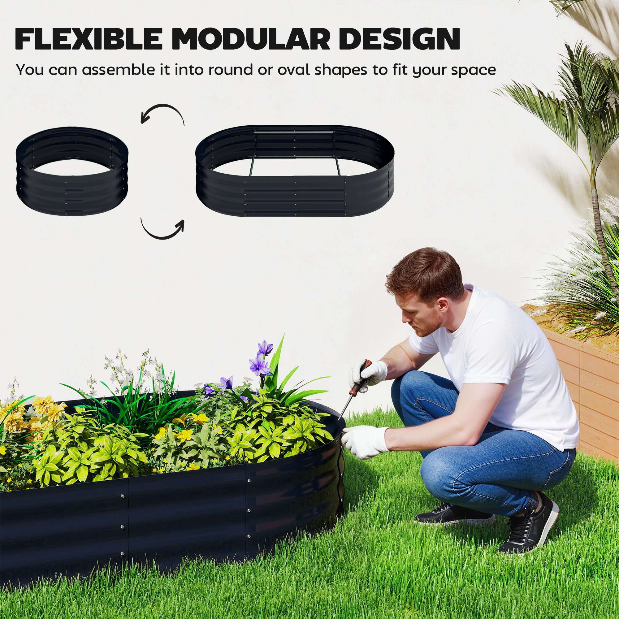 Outsunny Galvanised Raised Garden Bed with Arched Trellis, 5 x 3 x 6ft Metal Raised Bed for Garden with Open Bottom, Dark Grey 