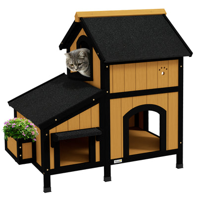 PawHut Wooden Cat House with Flower Pot, Windows, Multiple Entrances, Water-Resistant Roof for Outdoor - Yellow 