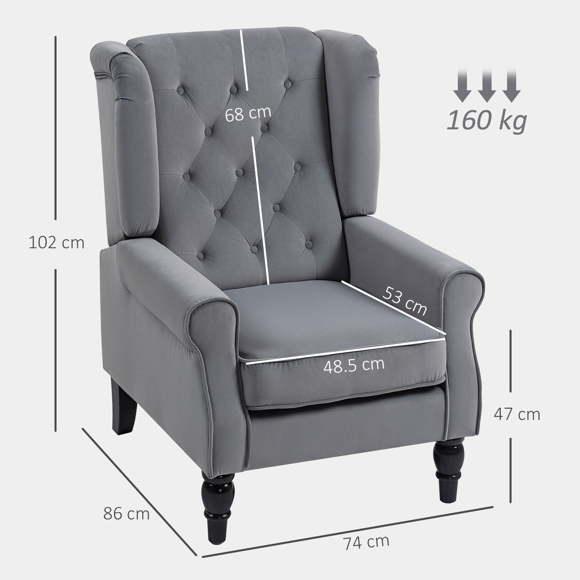 HOMCOM Wingback Accent Chair, Retro Upholstered Button Tufted Occasional Chair for Living Room and Bedroom, Light Grey 