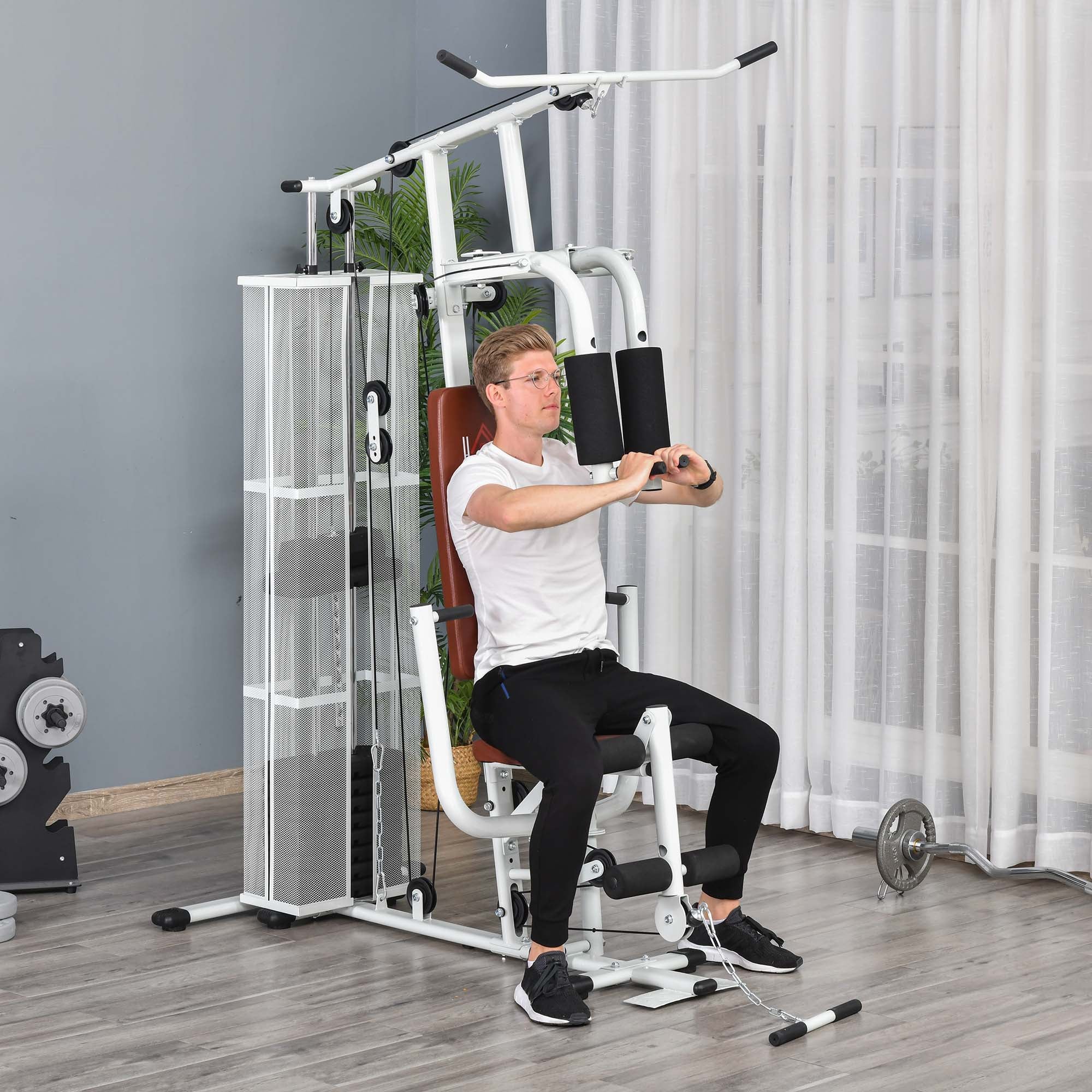 HOMCOM Multifunction Home Gym Weight Training Workout Station Fitness Strength Machine, White 