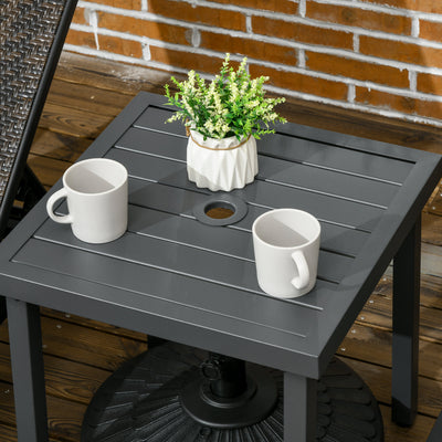 Outsunny Garden Side Table, 51x51cm Square Patio Coffee Table with Umbrella Hole, End Table with Steel Frame for Balcony, Grey 