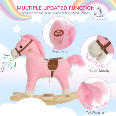 HOMCOM Kids Plush Rocking Horse w/ Sound Moving Mouth Wagging Tail Children Rocker Ride On Toy Gift 3-6 Years Pink 